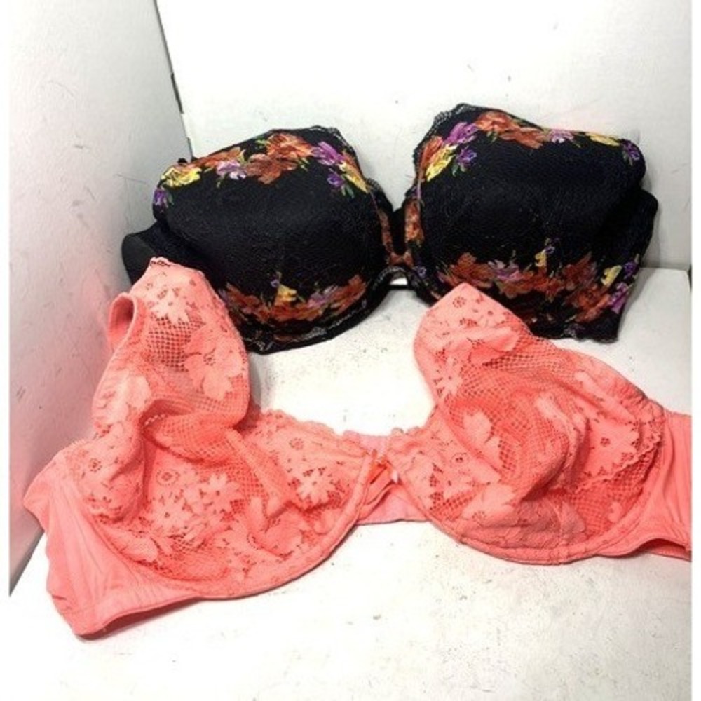 Cacique Bra Bundle 46D Black Floral Lace & Pink Underwire Full Coverage 2pk